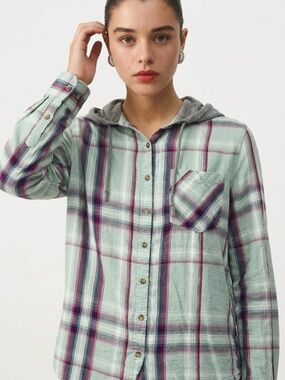 |•MUDD•| Plaid Hooded Button Front Shirt Jacket Mint Green Purple Women’s Size L